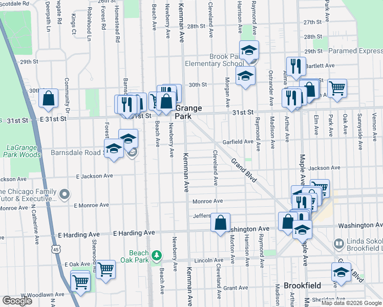 map of restaurants, bars, coffee shops, grocery stores, and more near 9540 Lexington Avenue in Brookfield