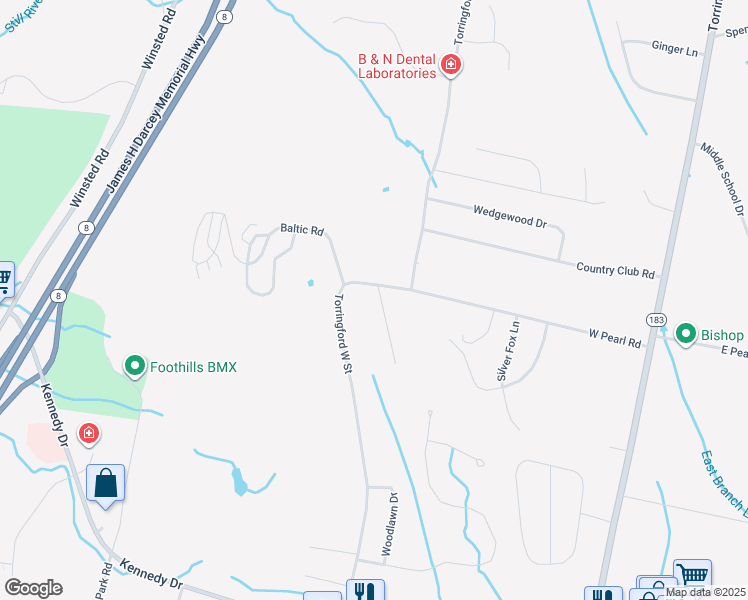 map of restaurants, bars, coffee shops, grocery stores, and more near 20 Tara Drive in Torrington