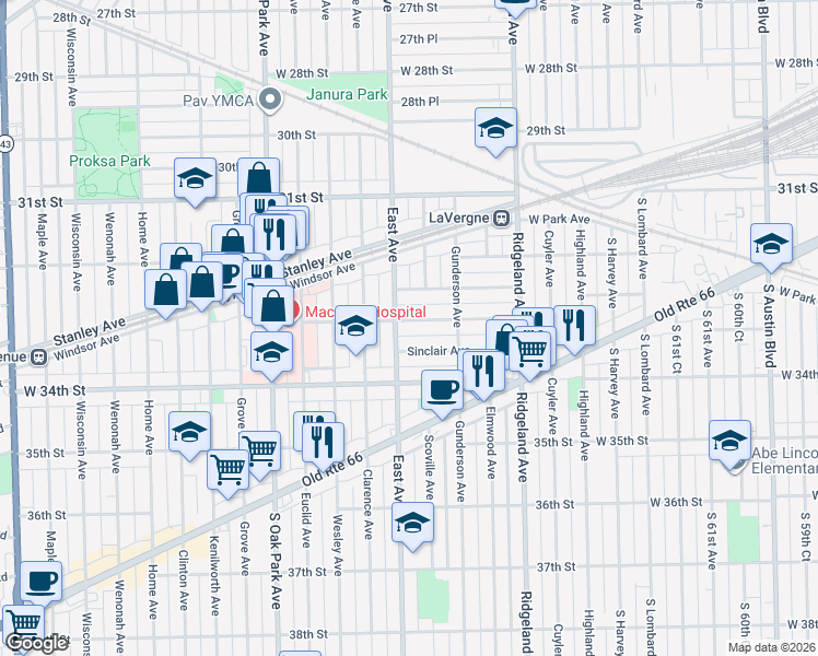 map of restaurants, bars, coffee shops, grocery stores, and more near 6540 33rd Street in Berwyn