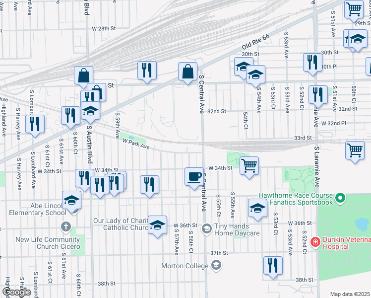 map of restaurants, bars, coffee shops, grocery stores, and more near 5636 West Park Avenue in Cicero