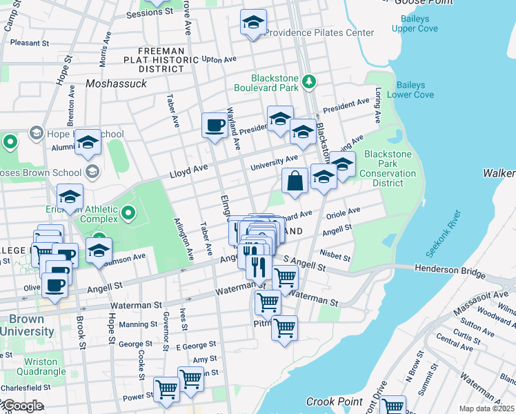 map of restaurants, bars, coffee shops, grocery stores, and more near 275 Wayland Avenue in Providence