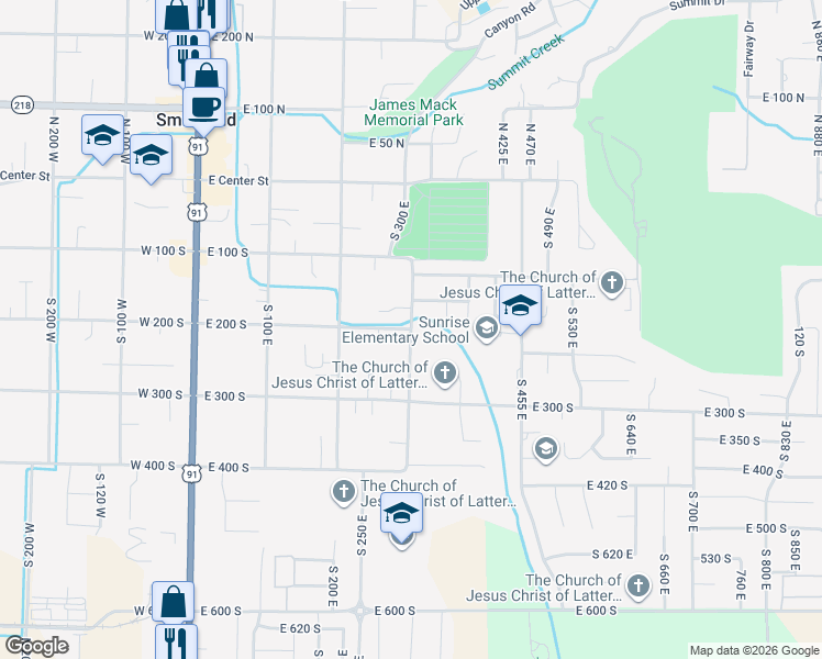 map of restaurants, bars, coffee shops, grocery stores, and more near South 300 East in Smithfield