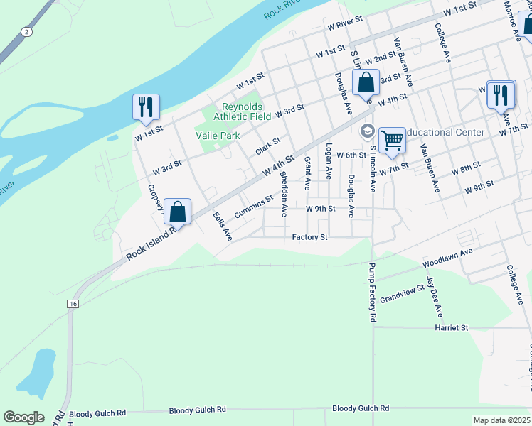 map of restaurants, bars, coffee shops, grocery stores, and more near 1820 West 9th Street in Dixon
