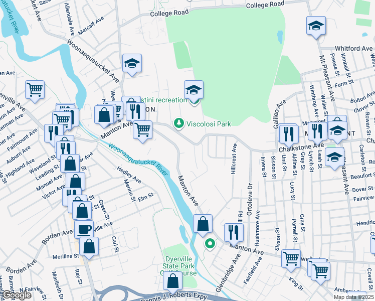 map of restaurants, bars, coffee shops, grocery stores, and more near 15 Manton Court in Providence