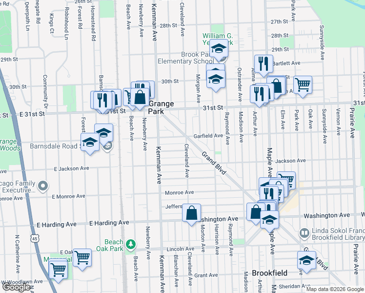 map of restaurants, bars, coffee shops, grocery stores, and more near 9504 Lexington Avenue in Brookfield