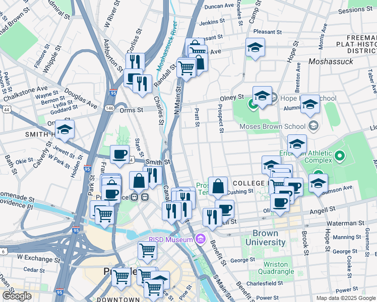 map of restaurants, bars, coffee shops, grocery stores, and more near 69 Benefit Street in Providence