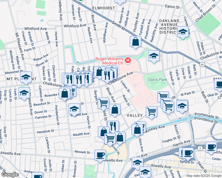 map of restaurants, bars, coffee shops, grocery stores, and more near 49 Berkley Street in Providence