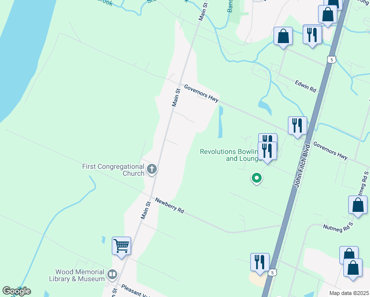 map of restaurants, bars, coffee shops, grocery stores, and more near 1060 Main Street in South Windsor