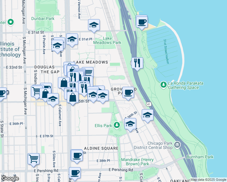 map of restaurants, bars, coffee shops, grocery stores, and more near 3445 South Cottage Grove Avenue in Chicago