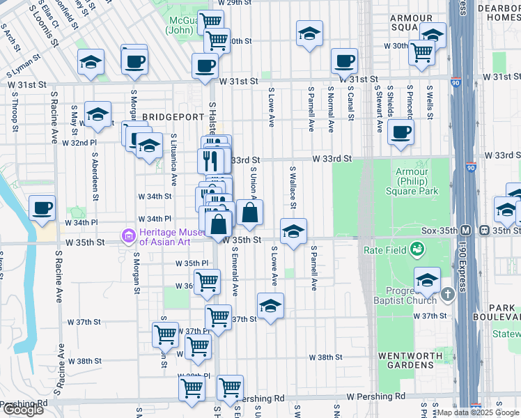 map of restaurants, bars, coffee shops, grocery stores, and more near 3419 South Union Avenue in Chicago