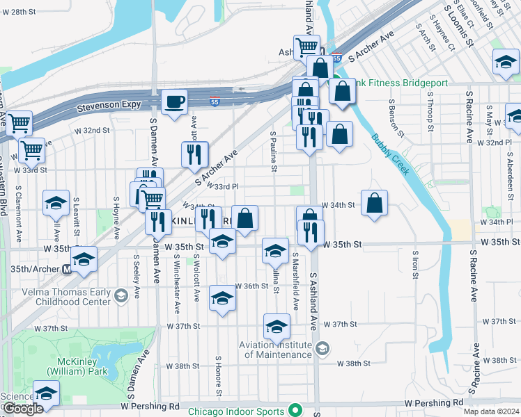 map of restaurants, bars, coffee shops, grocery stores, and more near 3407 South Hermitage Avenue in Chicago