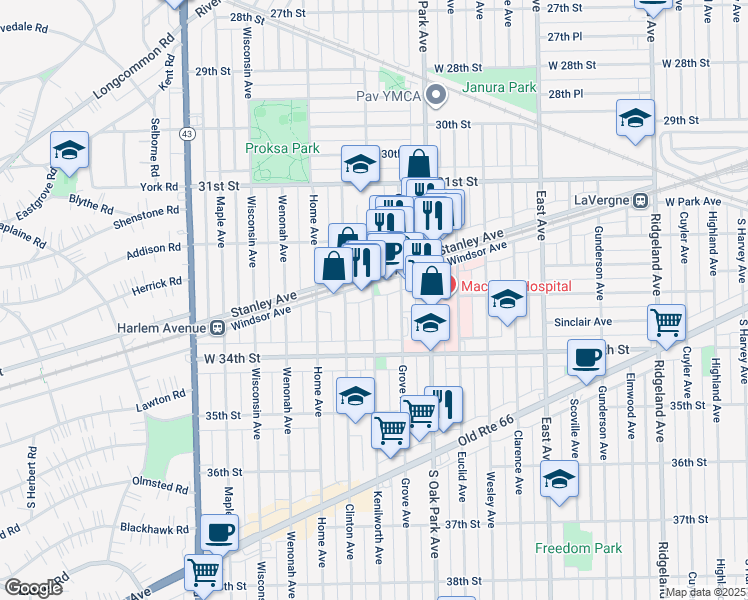 map of restaurants, bars, coffee shops, grocery stores, and more near 3307 Kenilworth Avenue in Berwyn