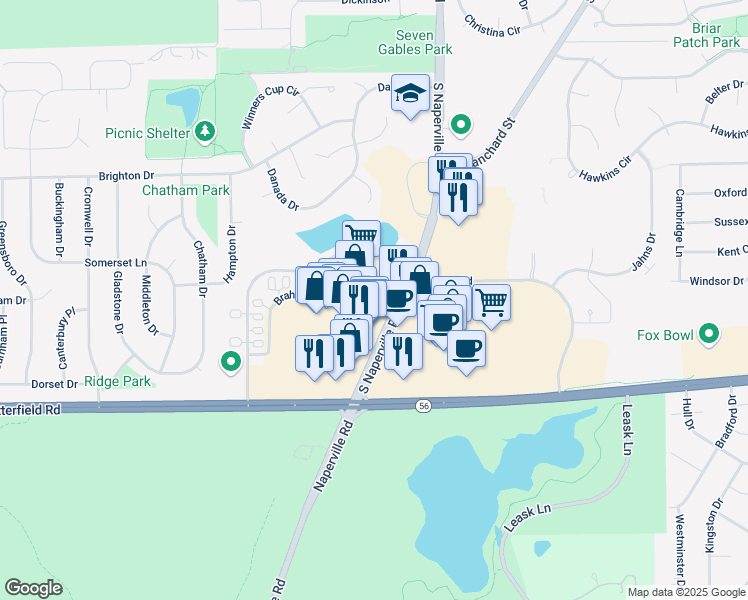 map of restaurants, bars, coffee shops, grocery stores, and more near 2042 South Naperville Road in Wheaton