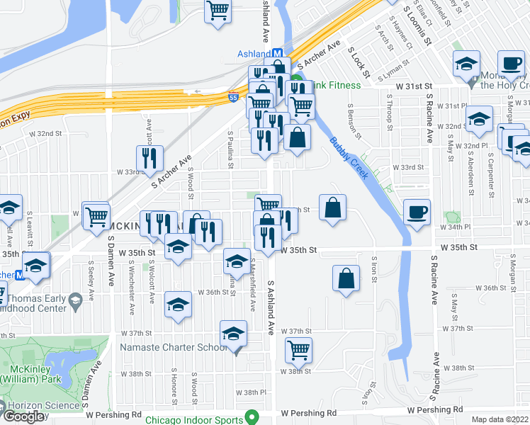 map of restaurants, bars, coffee shops, grocery stores, and more near 3400 South Ashland Avenue in Chicago