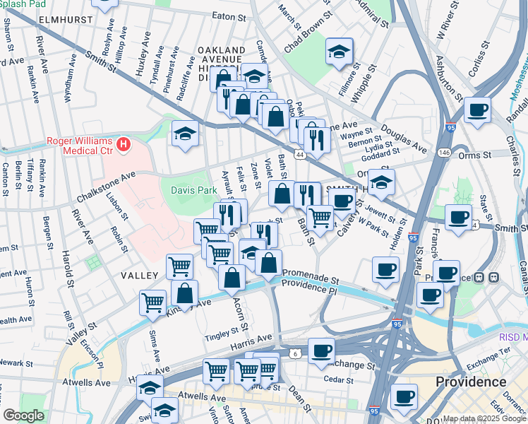map of restaurants, bars, coffee shops, grocery stores, and more near 266 Jewett Street in Providence