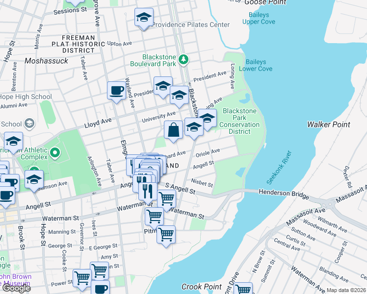map of restaurants, bars, coffee shops, grocery stores, and more near 68 Orchard Avenue in Providence