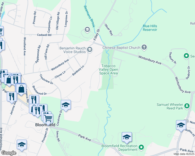 map of restaurants, bars, coffee shops, grocery stores, and more near 29 Florence Road in Bloomfield
