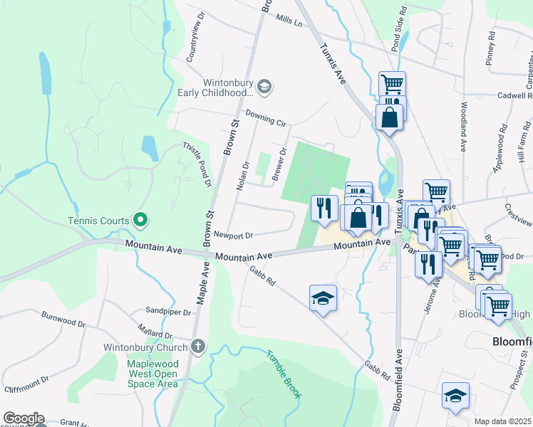 map of restaurants, bars, coffee shops, grocery stores, and more near 31 Newport Drive in Bloomfield