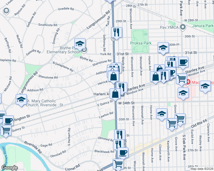 map of restaurants, bars, coffee shops, grocery stores, and more near 366 East Burlington Street in Riverside