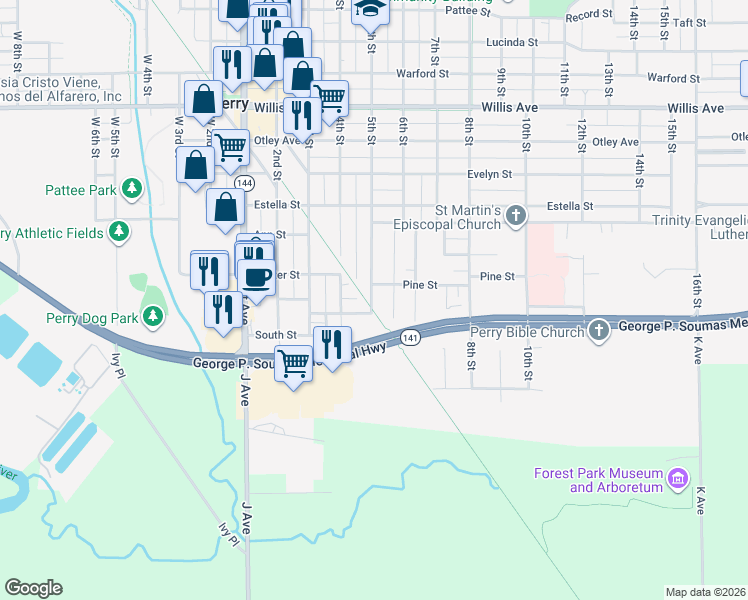 map of restaurants, bars, coffee shops, grocery stores, and more near 512 5th Street in Perry