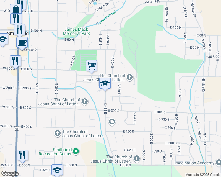 map of restaurants, bars, coffee shops, grocery stores, and more near 482 East 180 South in Smithfield