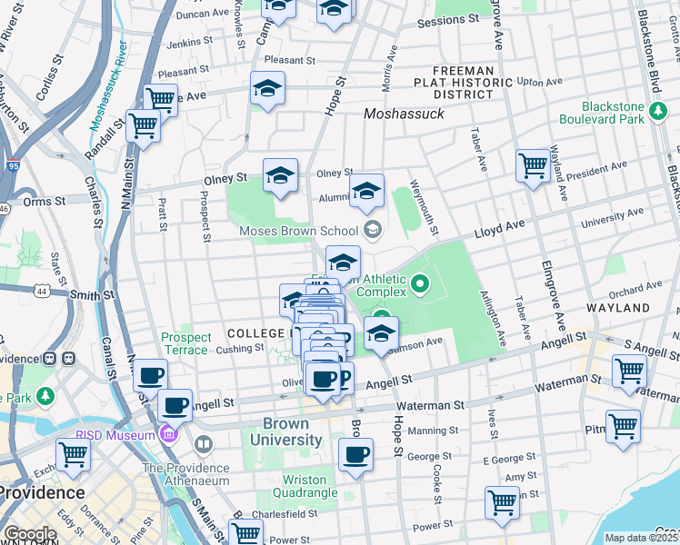 map of restaurants, bars, coffee shops, grocery stores, and more near 1951 Hope Street in Providence