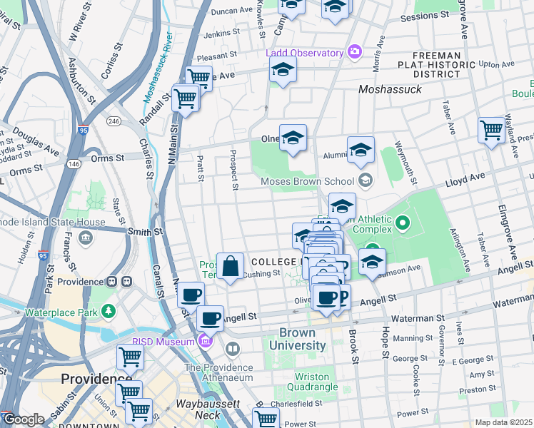 map of restaurants, bars, coffee shops, grocery stores, and more near in Providence