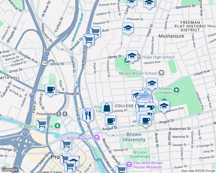map of restaurants, bars, coffee shops, grocery stores, and more near 2 Keene Street in Providence
