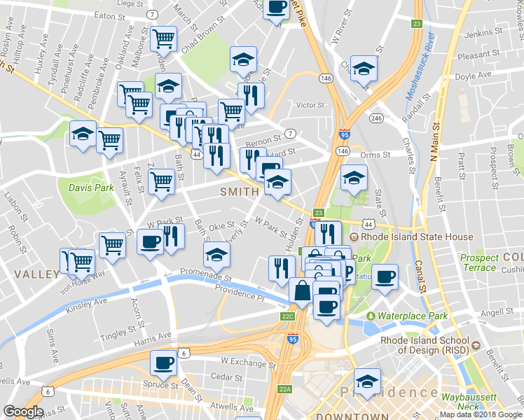 map of restaurants, bars, coffee shops, grocery stores, and more near 99 West Park Street in Providence