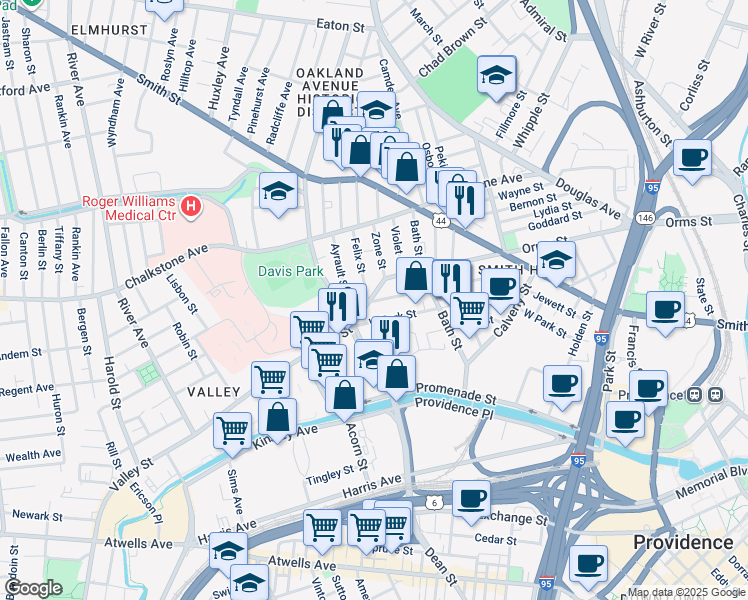 map of restaurants, bars, coffee shops, grocery stores, and more near 266 Jewett Street in Providence