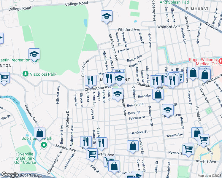 map of restaurants, bars, coffee shops, grocery stores, and more near 225 Leah Street in Providence