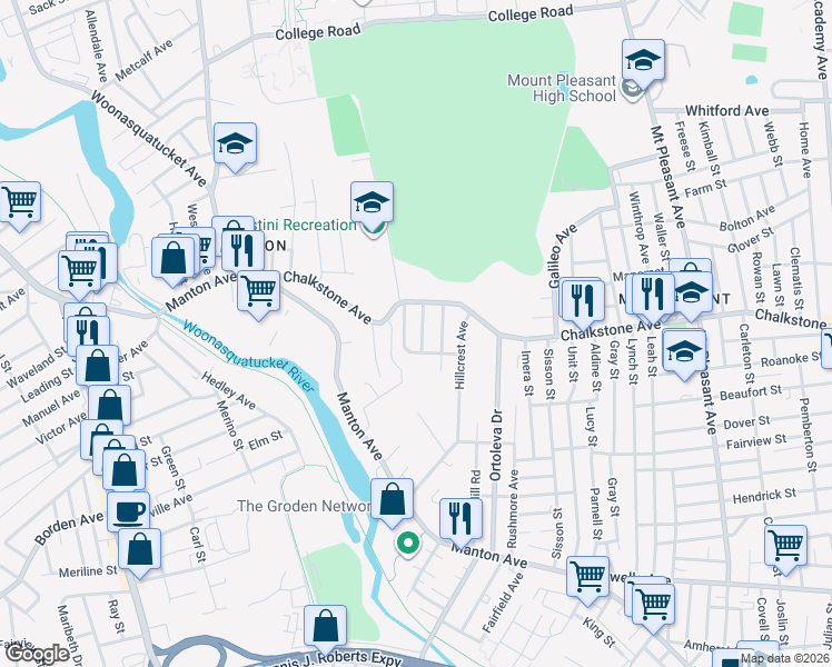 map of restaurants, bars, coffee shops, grocery stores, and more near 62 Oakwood Avenue in Providence