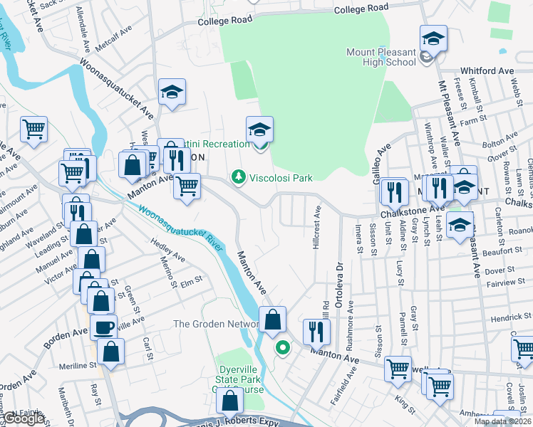 map of restaurants, bars, coffee shops, grocery stores, and more near 28 Brinkley Street in Providence