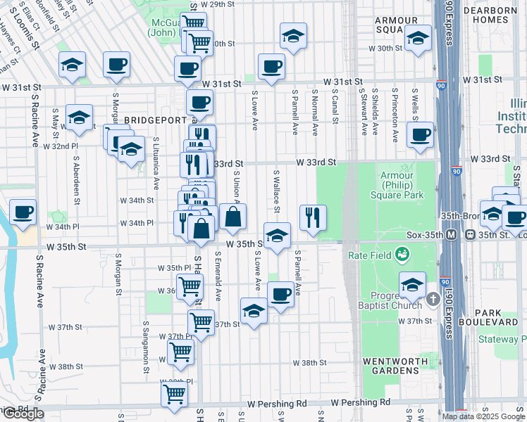 map of restaurants, bars, coffee shops, grocery stores, and more near 3419 South Lowe Avenue in Chicago