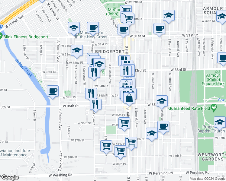 map of restaurants, bars, coffee shops, grocery stores, and more near 842 West 34th Place in Chicago