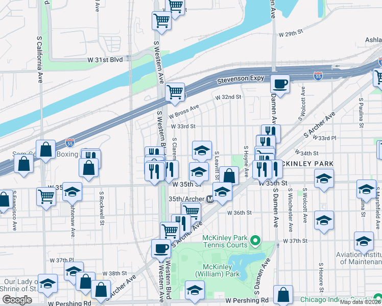 map of restaurants, bars, coffee shops, grocery stores, and more near 3401 South Oakley Avenue in Chicago