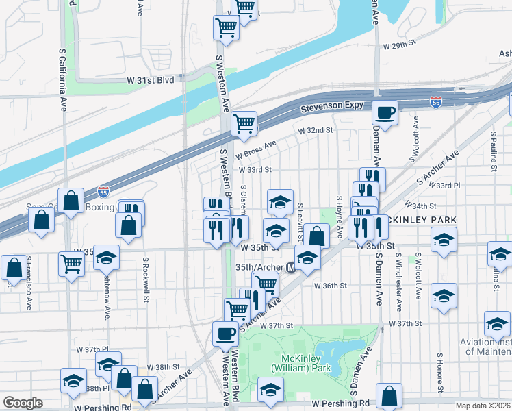 map of restaurants, bars, coffee shops, grocery stores, and more near 3401 South Oakley Avenue in Chicago