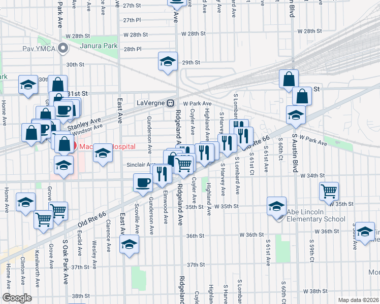 map of restaurants, bars, coffee shops, grocery stores, and more near 3317 Cuyler Avenue in Berwyn