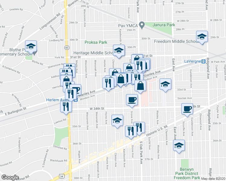 map of restaurants, bars, coffee shops, grocery stores, and more near 3302 Clinton Avenue in Berwyn
