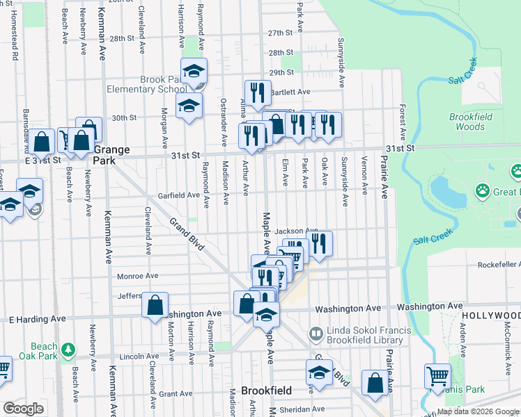 map of restaurants, bars, coffee shops, grocery stores, and more near 3226 Maple Avenue in Brookfield