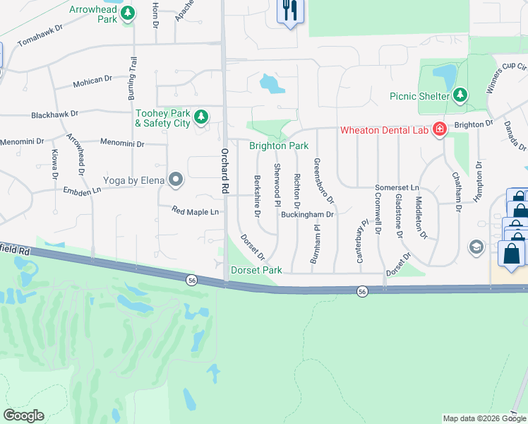 map of restaurants, bars, coffee shops, grocery stores, and more near 2002 Sherwood Place in Wheaton