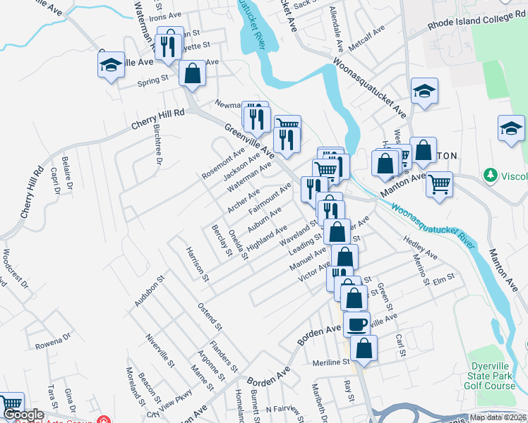 map of restaurants, bars, coffee shops, grocery stores, and more near 36 Fairmount Avenue in Johnston