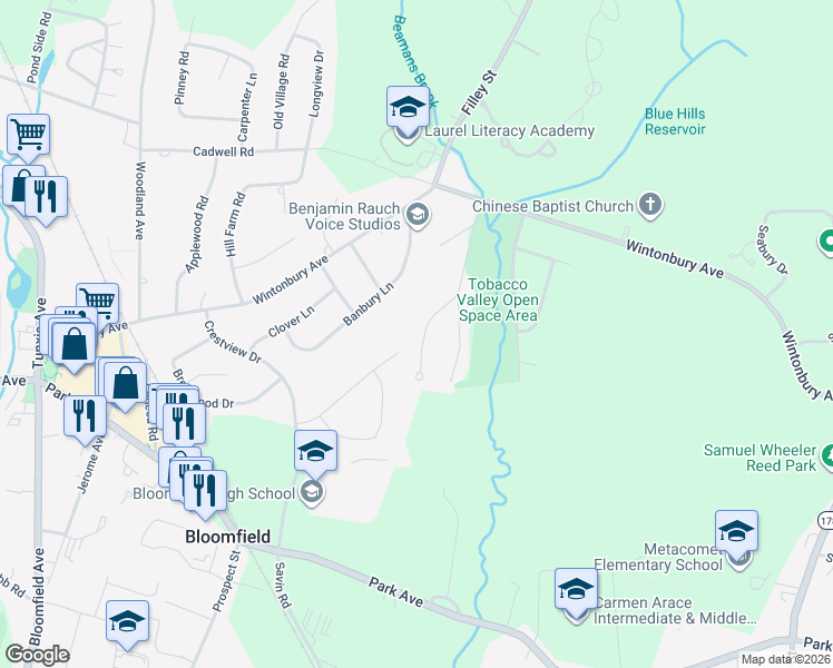map of restaurants, bars, coffee shops, grocery stores, and more near 20 Ivory Road in Bloomfield