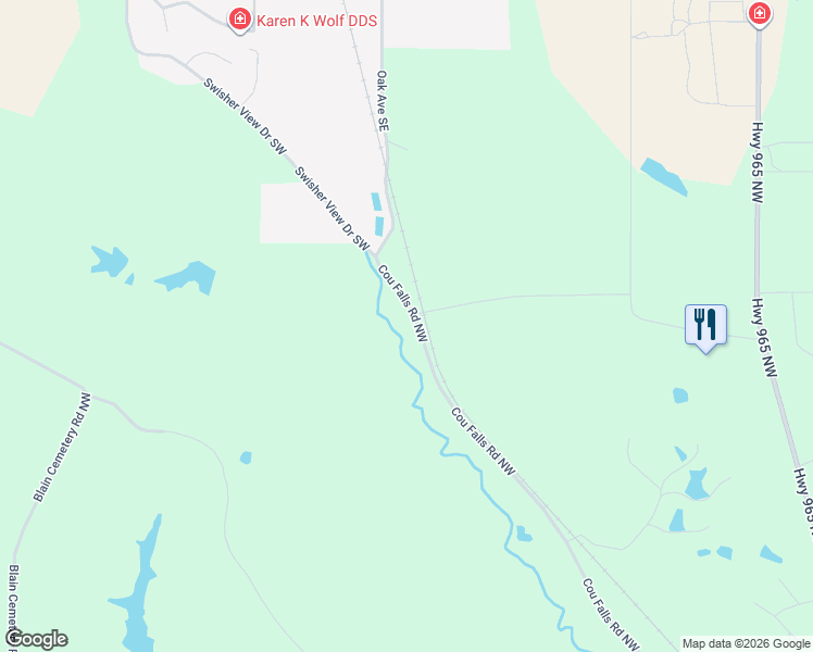 map of restaurants, bars, coffee shops, grocery stores, and more near 1409 Cou Falls Road Northwest in Swisher