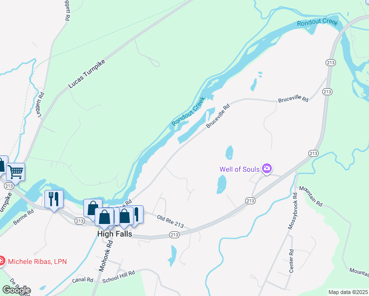map of restaurants, bars, coffee shops, grocery stores, and more near 120 Bruceville Road in High Falls