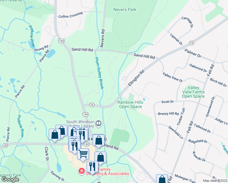 map of restaurants, bars, coffee shops, grocery stores, and more near 1014 Sandstone Drive in South Windsor