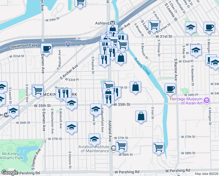 map of restaurants, bars, coffee shops, grocery stores, and more near South Ashland Avenue & West 34th Street in Chicago