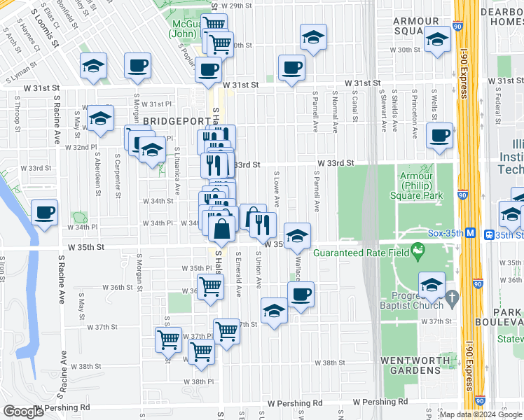 map of restaurants, bars, coffee shops, grocery stores, and more near 3405 South Union Avenue in Chicago