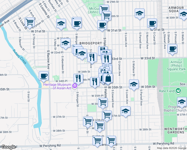 map of restaurants, bars, coffee shops, grocery stores, and more near 842 West 34th Place in Chicago