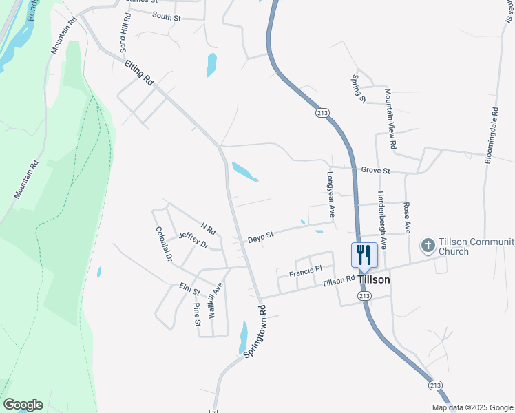 map of restaurants, bars, coffee shops, grocery stores, and more near 12 Bedford Avenue in Rosendale Village